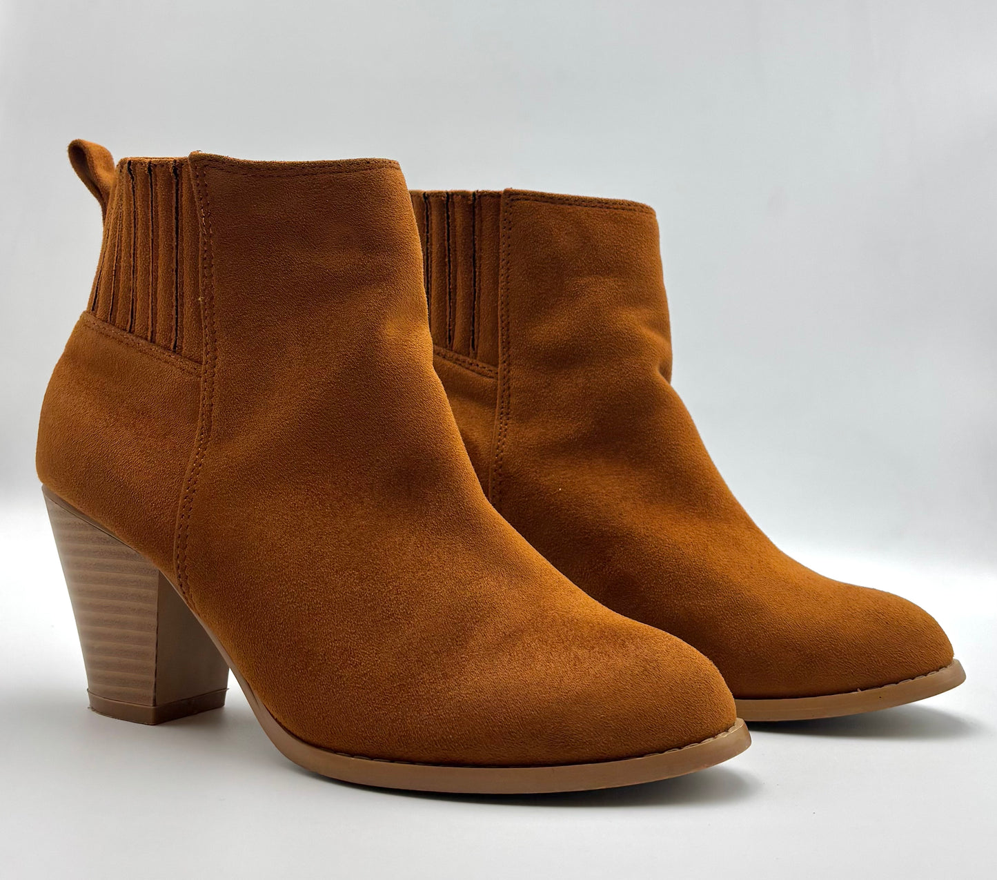 Nature Breeze Tan Suede Ankle Boots | Stacked Heel Booties | Western-Inspired Vegan Suede Boots | Pull-On Style | Women’s Size 7