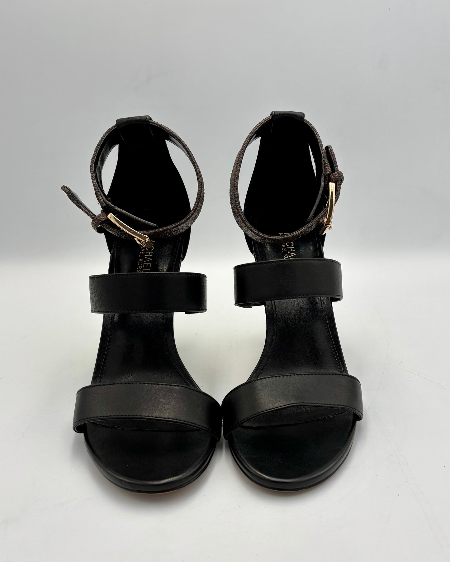 Michael Kors Amal Sandals | Size 7 Heels | Black Leather Stilettos | MK Logo Ankle Strap | Gold Heel Dress Shoes | Party Heels