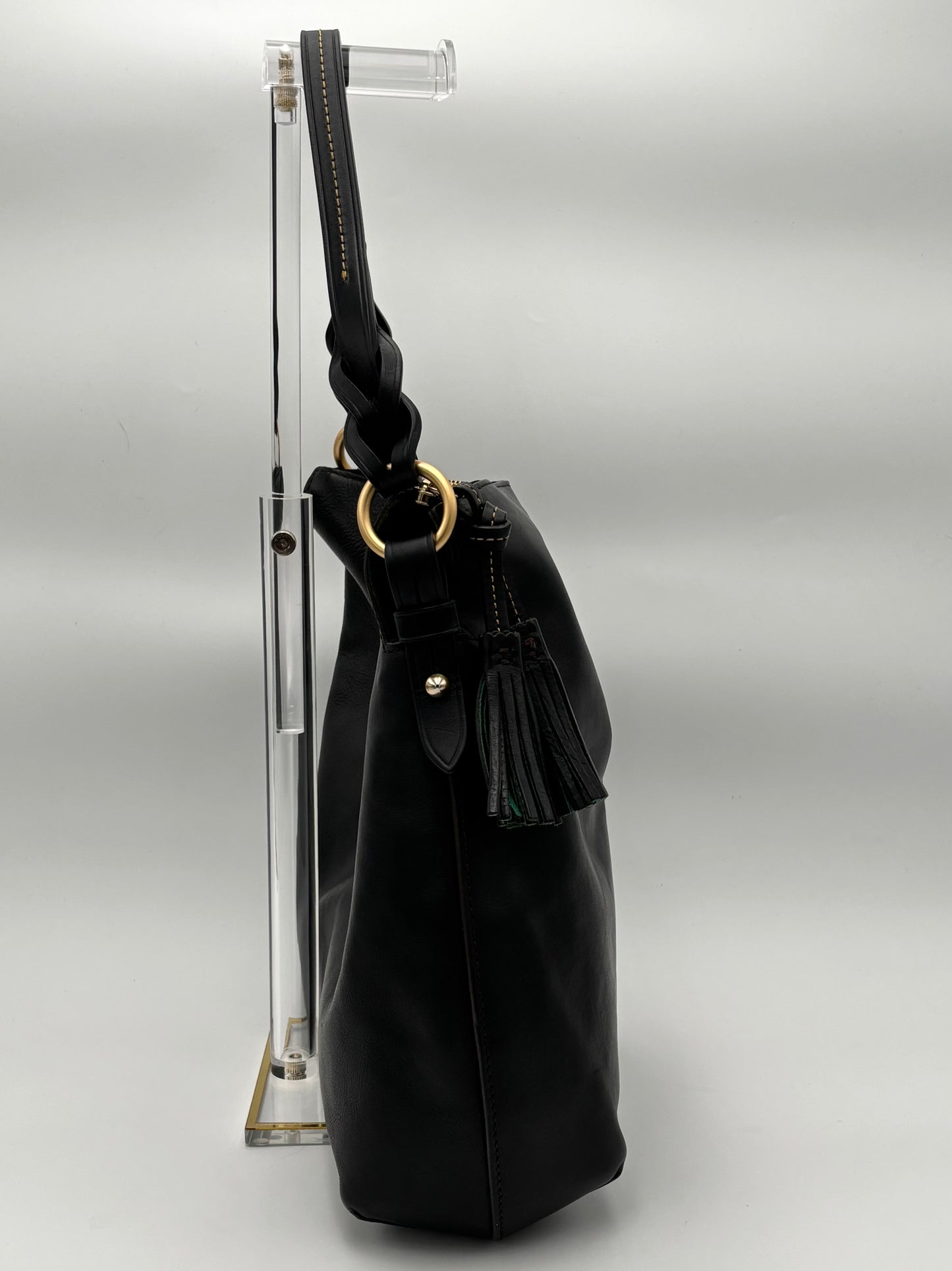 Dooney & Bourke Florentine Leather Hobo Bag | Black Twist Strap Shoulder Bag | Vintage Inspired Slouchy Purse | Tassel Zip Tote