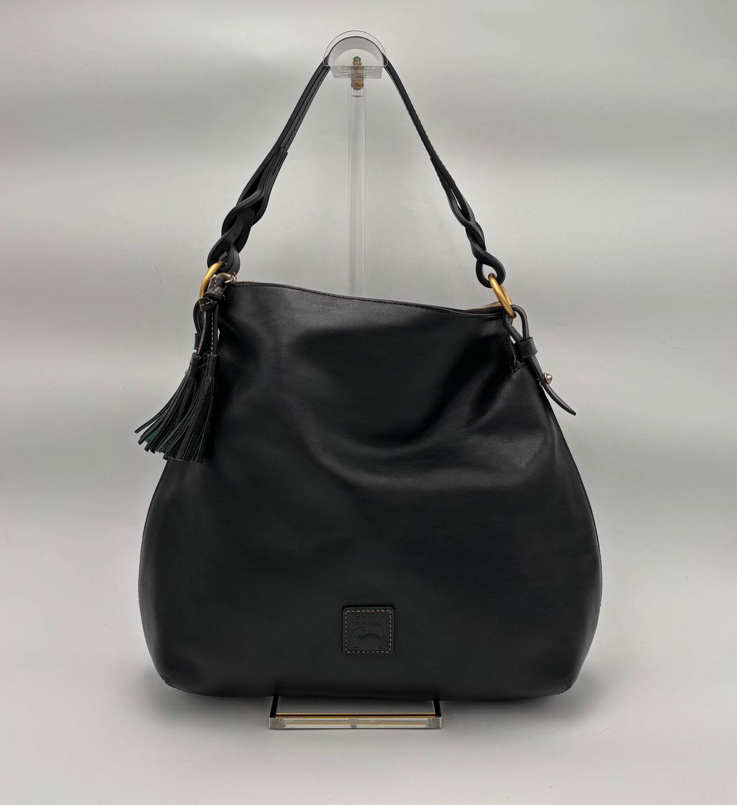 Dooney & Bourke Florentine Leather Hobo Bag | Black Twist Strap Shoulder Bag | Vintage Inspired Slouchy Purse | Tassel Zip Tote