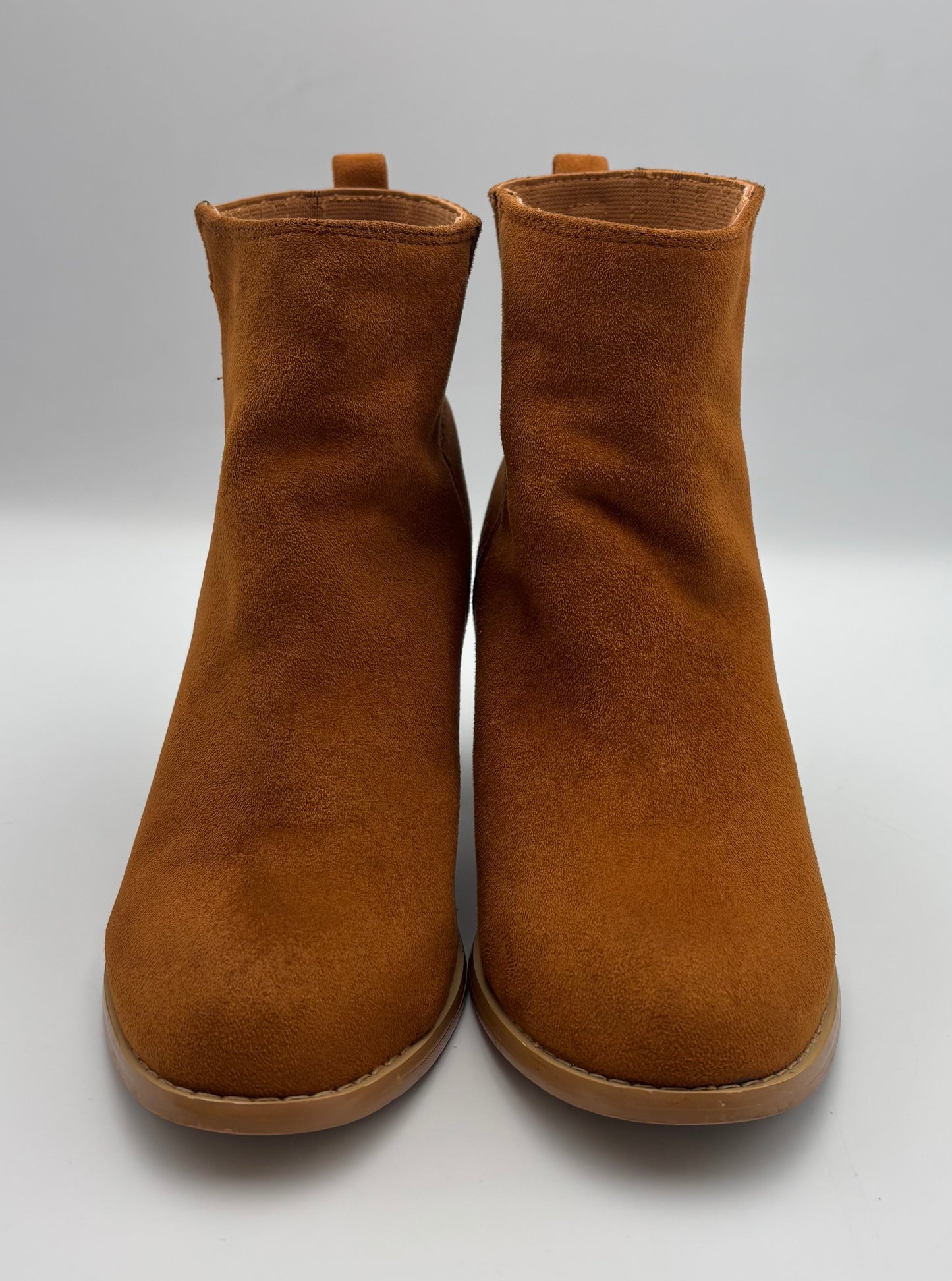 Nature Breeze Tan Suede Ankle Boots | Stacked Heel Booties | Western-Inspired Vegan Suede Boots | Pull-On Style | Women’s Size 7