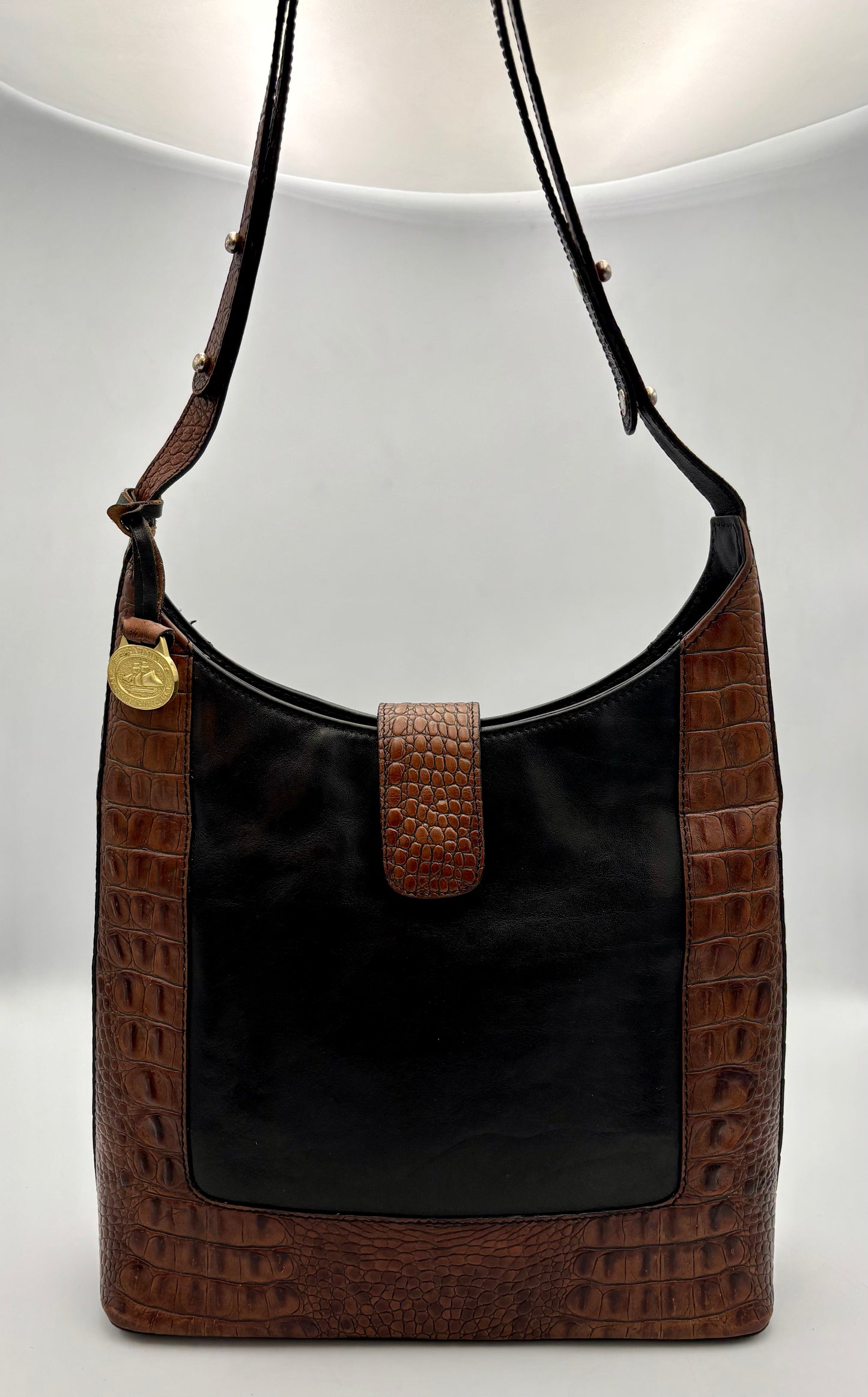 Vintage Brahmin Kendall Bag | Croc Embossed Brown & Black Leather Shoulder | Adjustable Strap | Tuscan Leather | Dust Bag