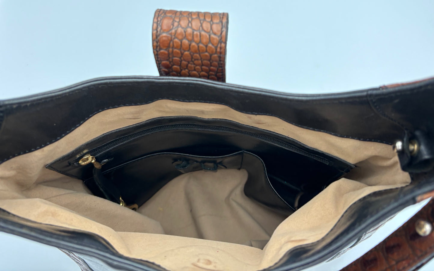 Vintage Brahmin Kendall Bag | Croc Embossed Brown & Black Leather Shoulder | Adjustable Strap | Tuscan Leather | Dust Bag