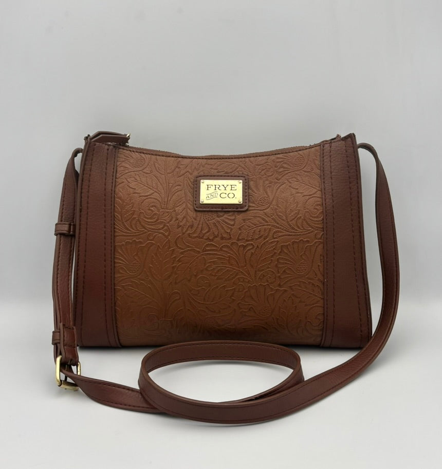 Frye & Co. Crossbody Bag | Embossed Floral Faux Leather | Brown Western Purse | Boho Saddle Style | Festival Bag