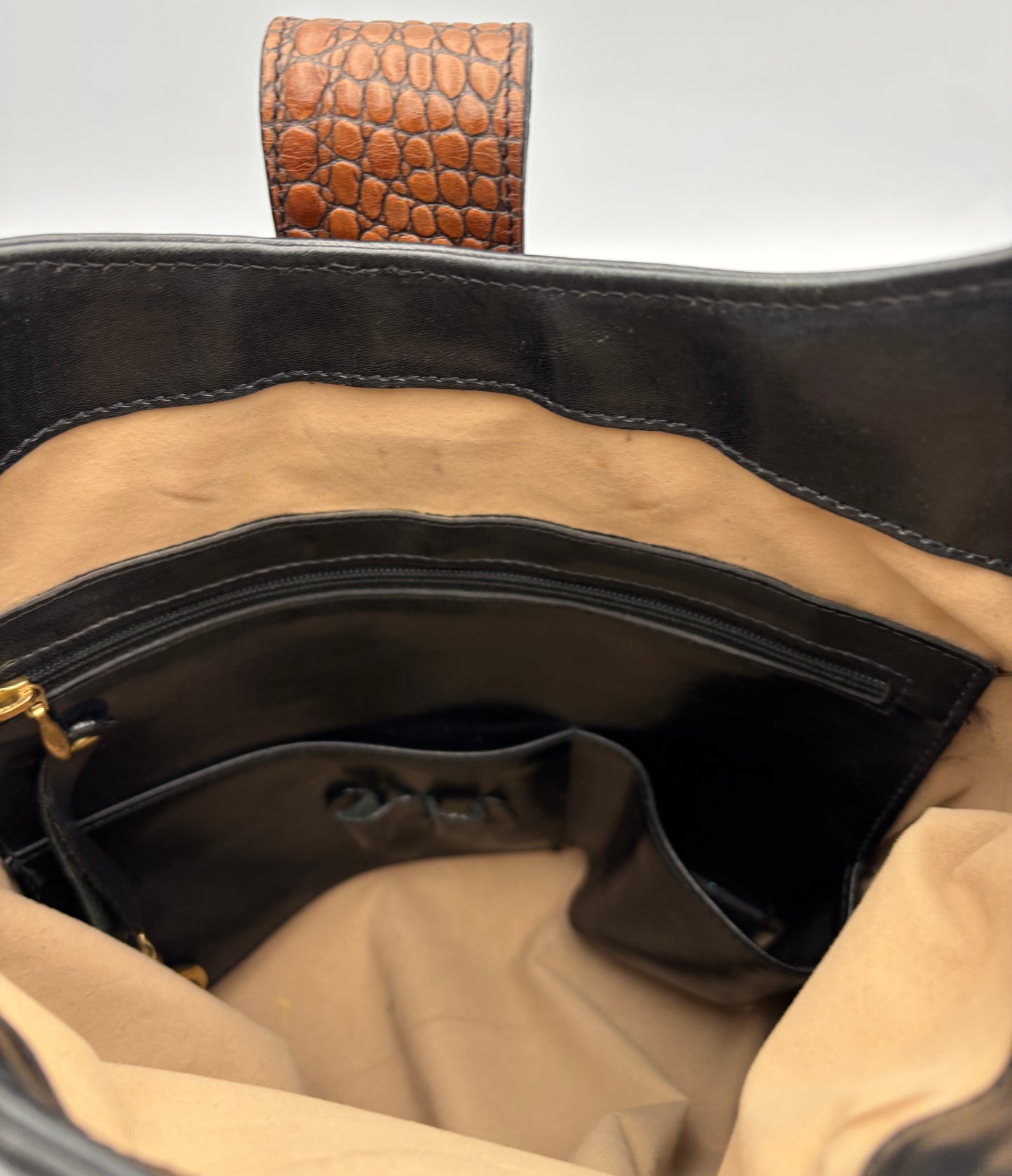 Vintage Brahmin Kendall Bag | Croc Embossed Brown & Black Leather Shoulder | Adjustable Strap | Tuscan Leather | Dust Bag