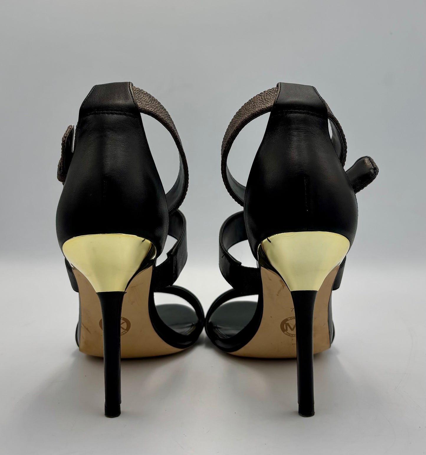 Michael Kors Amal Sandals | Size 7 Heels | Black Leather Stilettos | MK Logo Ankle Strap | Gold Heel Dress Shoes | Party Heels