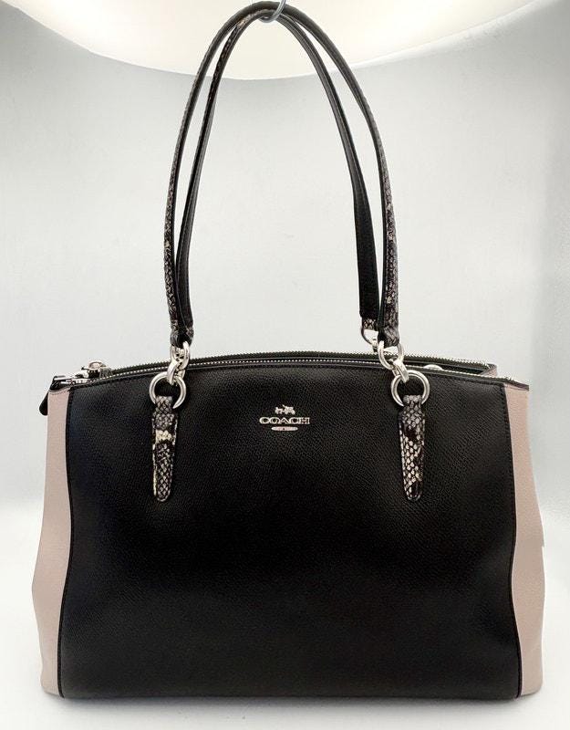 authentic-coach-christie-black-pink-carryall-crossgrain-leather-tote