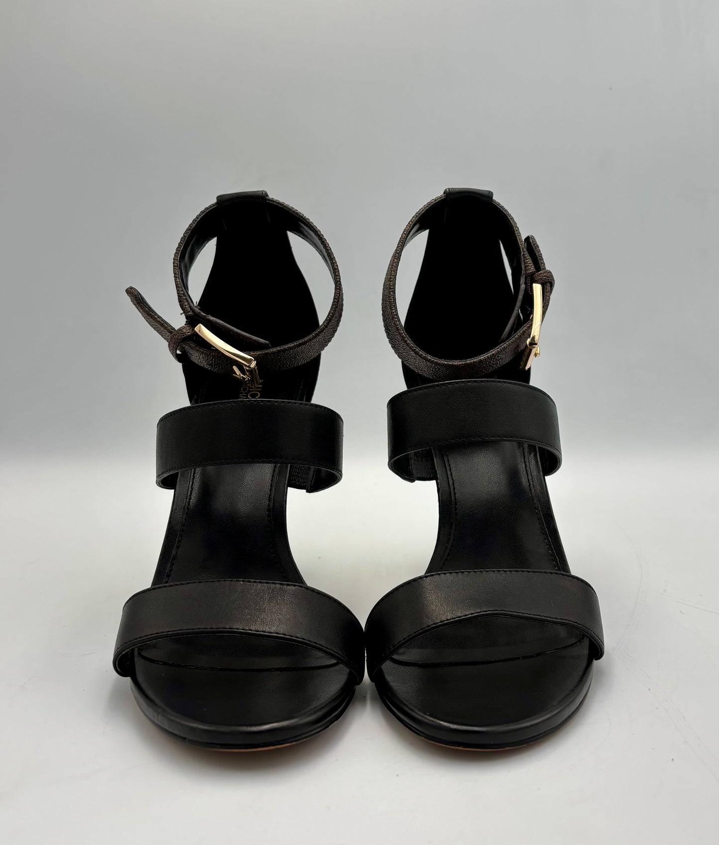 Michael Kors Amal Sandals | Size 7 Heels | Black Leather Stilettos | MK Logo Ankle Strap | Gold Heel Dress Shoes | Party Heels