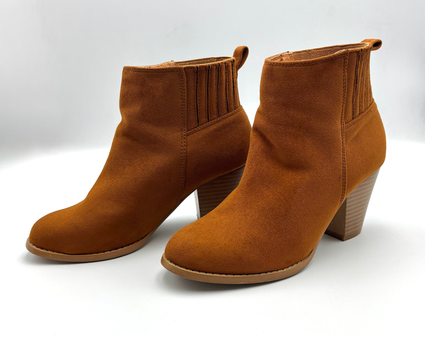 Nature Breeze Tan Suede Ankle Boots | Stacked Heel Booties | Western-Inspired Vegan Suede Boots | Pull-On Style | Women’s Size 7