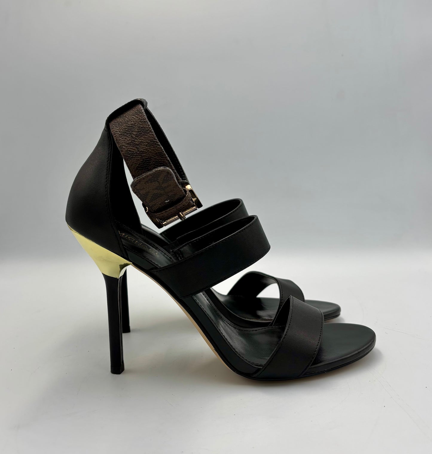 Michael Kors Amal Sandals | Size 7 Heels | Black Leather Stilettos | MK Logo Ankle Strap | Gold Heel Dress Shoes | Party Heels