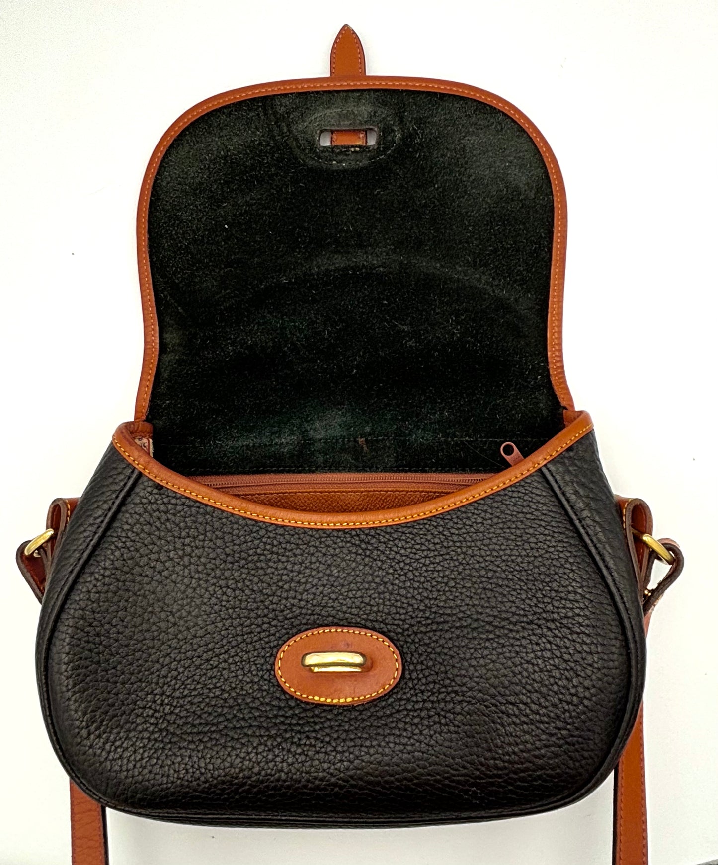 Authenticated Vintage Dooney & Bourke All Weather Leather Black/Tan Small Tack Saddlebag Crossbody