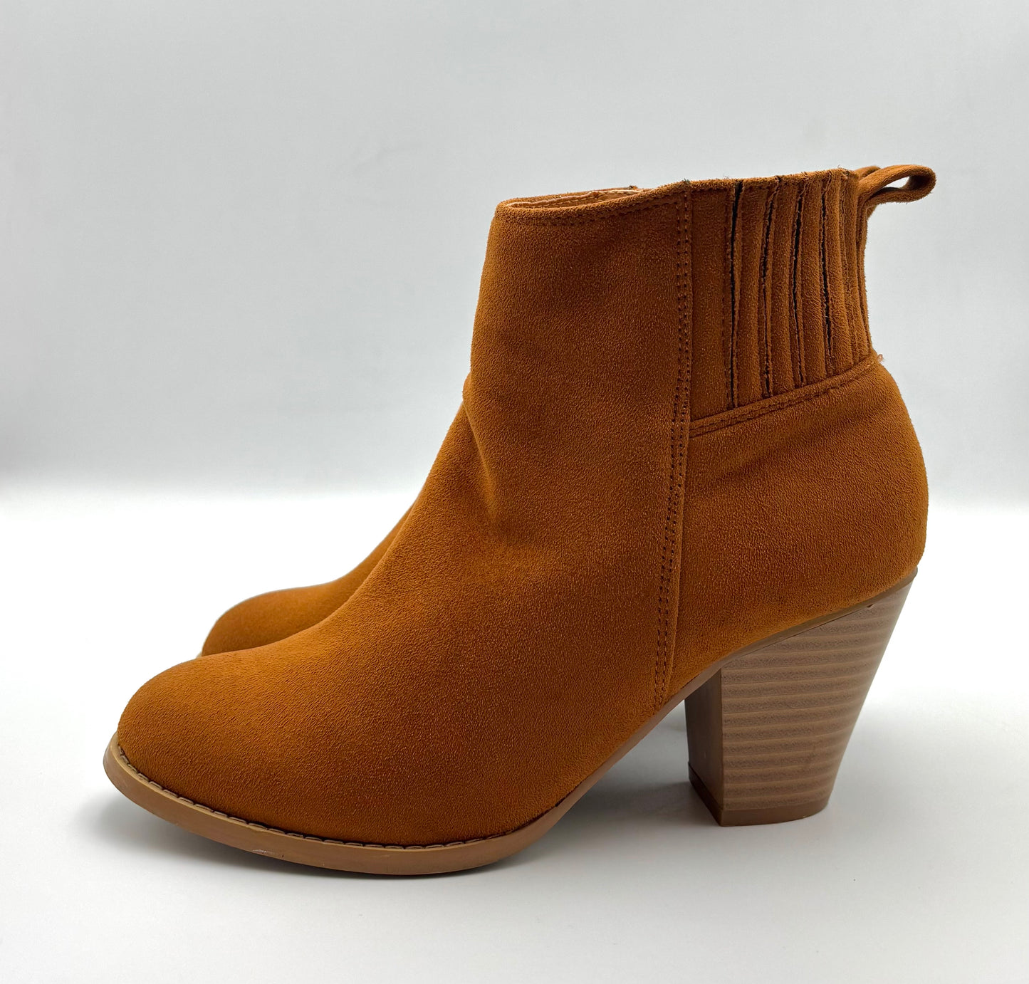 Nature Breeze Tan Suede Ankle Boots | Stacked Heel Booties | Western-Inspired Vegan Suede Boots | Pull-On Style | Women’s Size 7