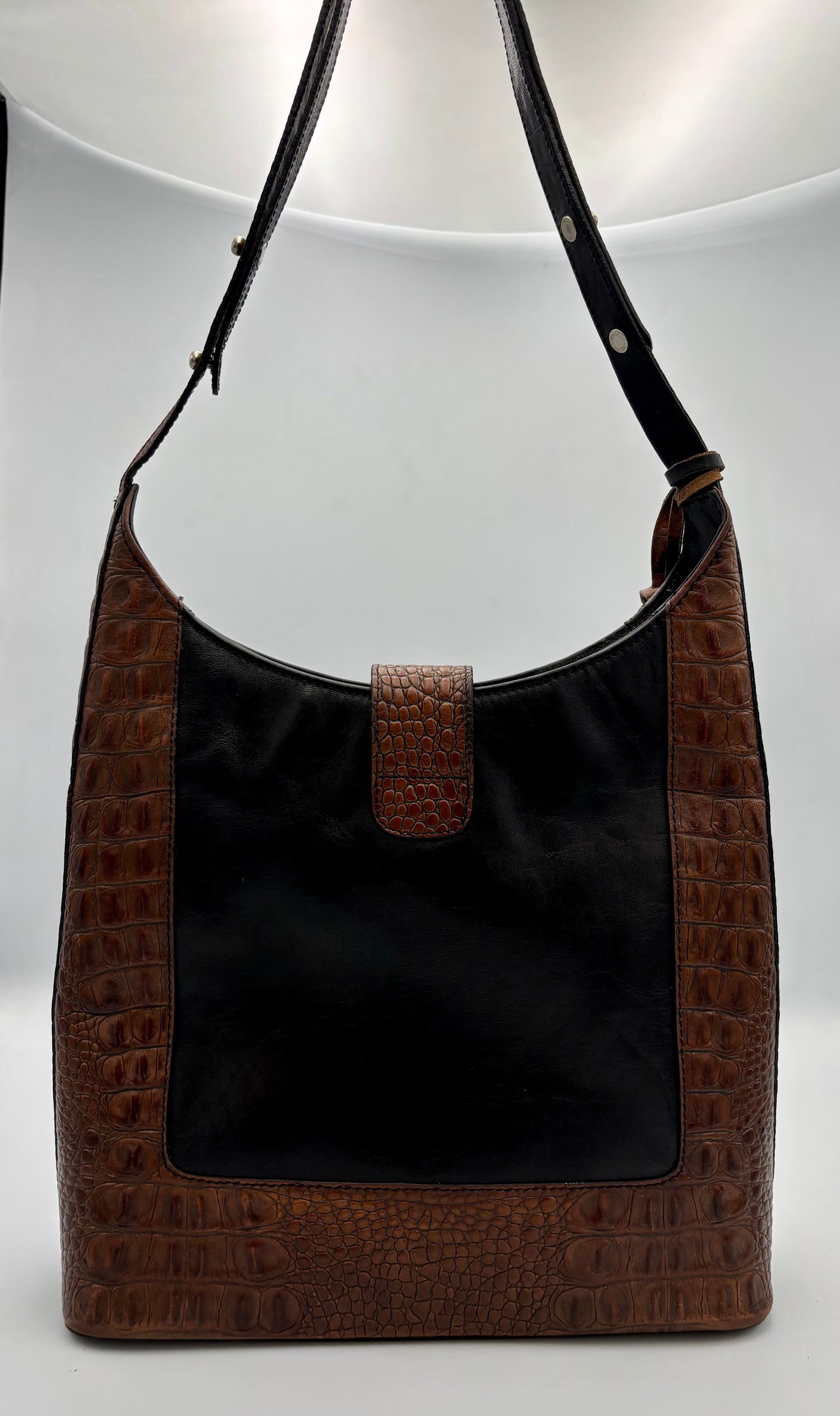 Vintage Brahmin Kendall Bag | Croc Embossed Brown & Black Leather Shoulder | Adjustable Strap | Tuscan Leather | Dust Bag