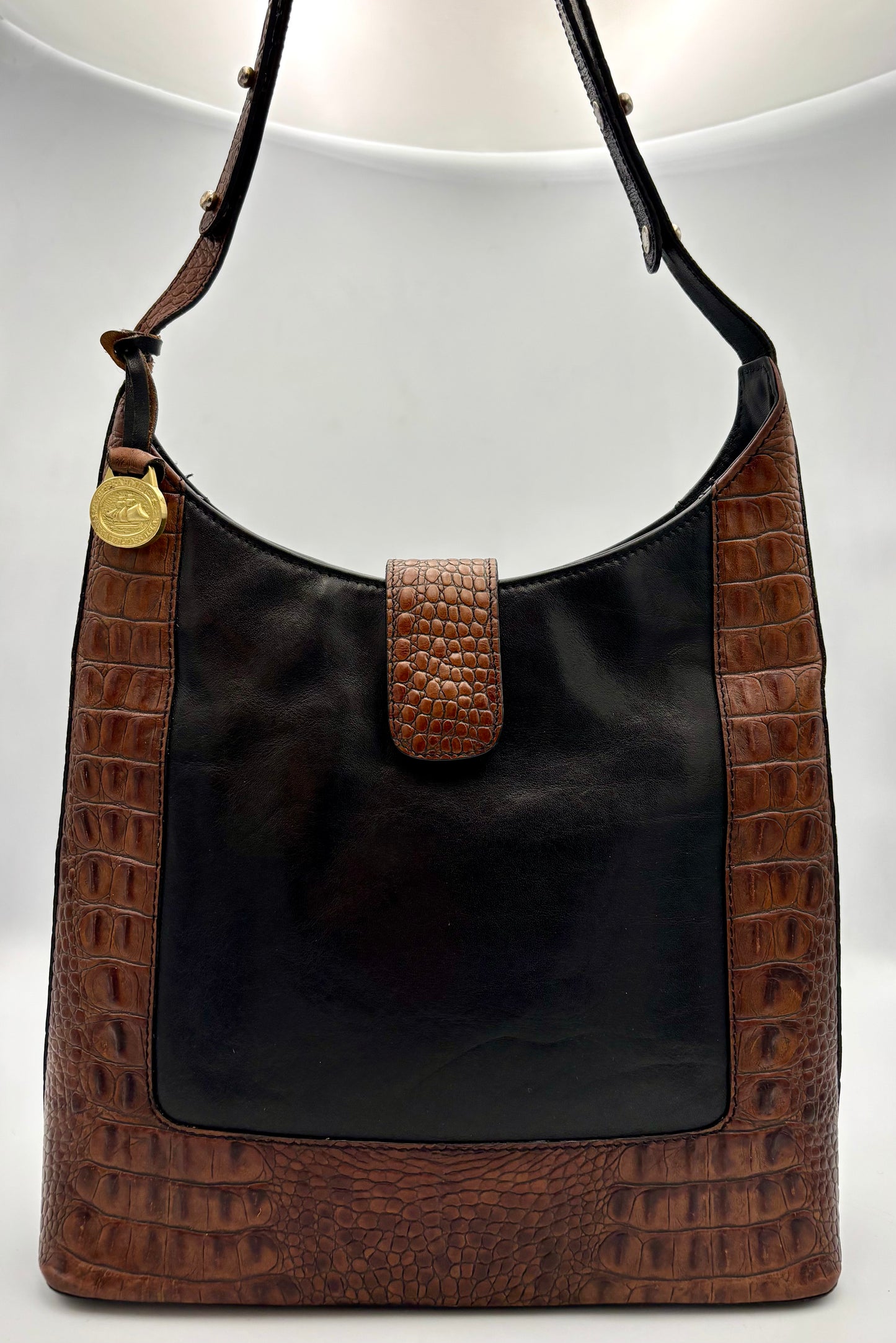 Vintage Brahmin Kendall Bag | Croc Embossed Brown & Black Leather Shoulder | Adjustable Strap | Tuscan Leather | Dust Bag