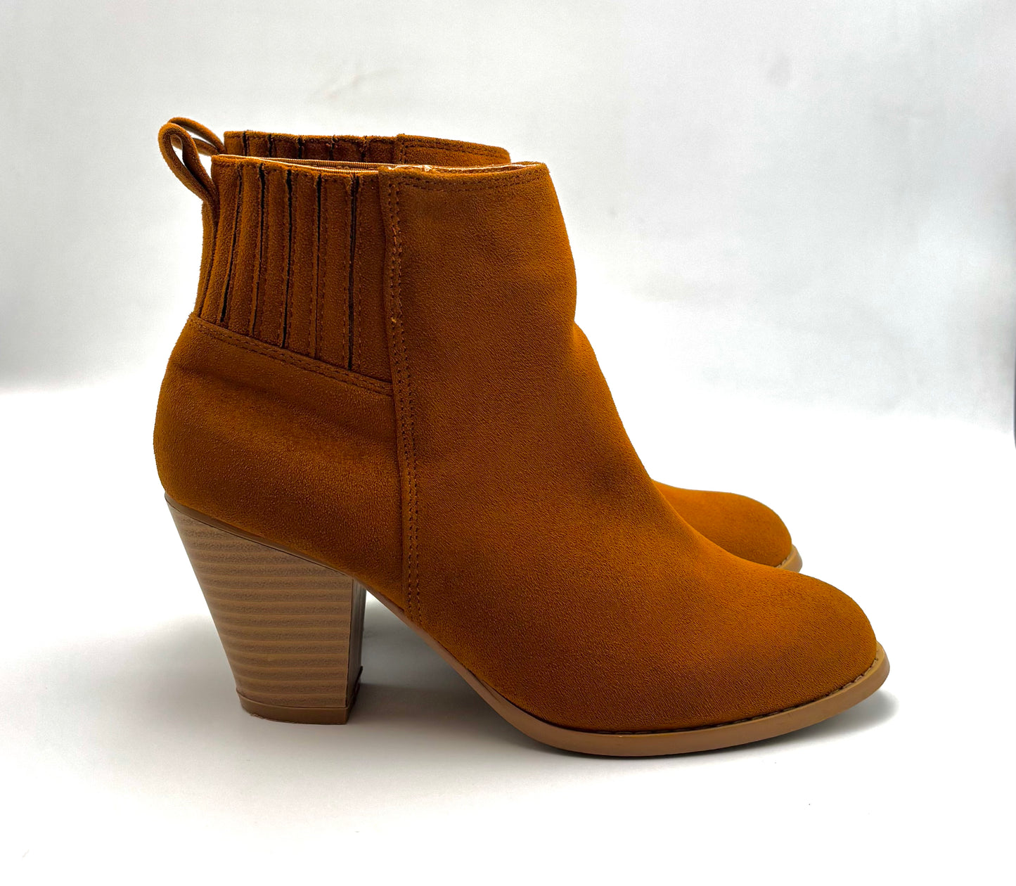 Nature Breeze Tan Suede Ankle Boots | Stacked Heel Booties | Western-Inspired Vegan Suede Boots | Pull-On Style | Women’s Size 7