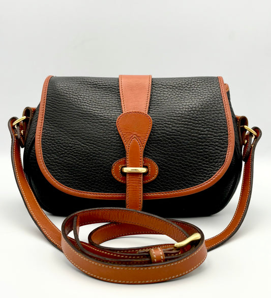 Authenticated Vintage Dooney & Bourke All Weather Leather Black/Tan Small Tack Saddlebag Crossbody