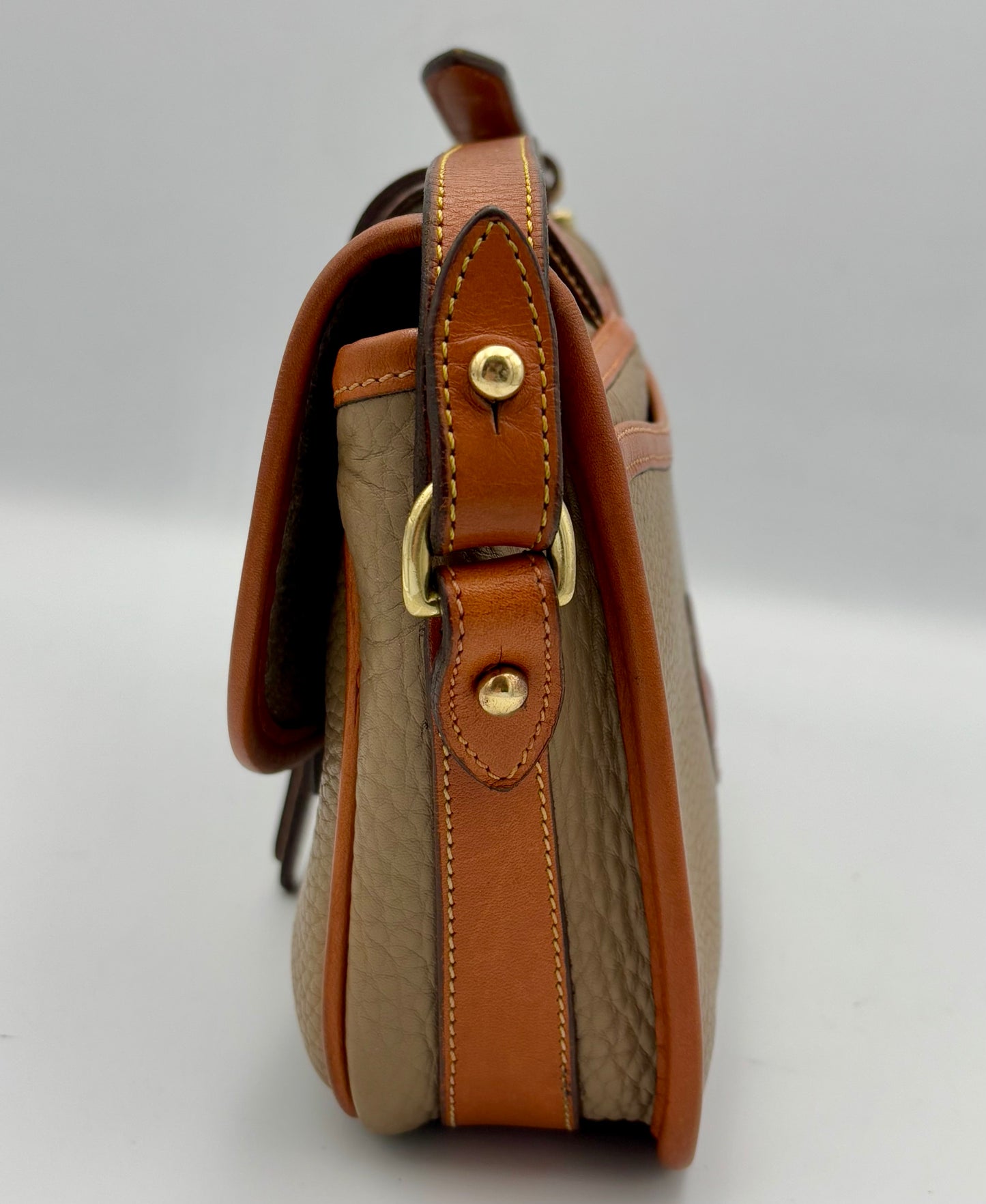 Vintage Dooney & Bourke Equestrian Tack Taupe & Tan Crossbody Saddle Bag