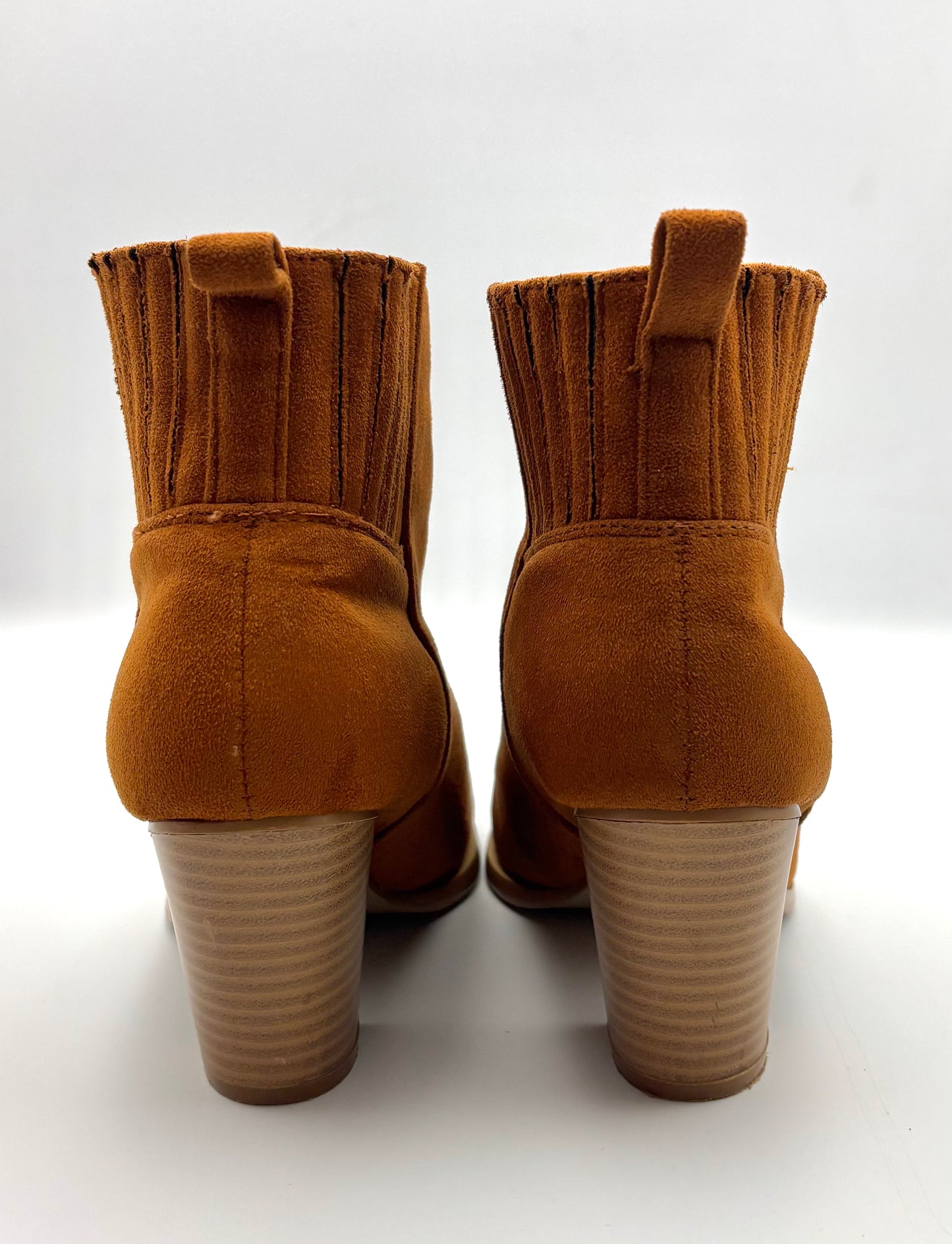 Nature Breeze Tan Suede Ankle Boots | Stacked Heel Booties | Western-Inspired Vegan Suede Boots | Pull-On Style | Women’s Size 7