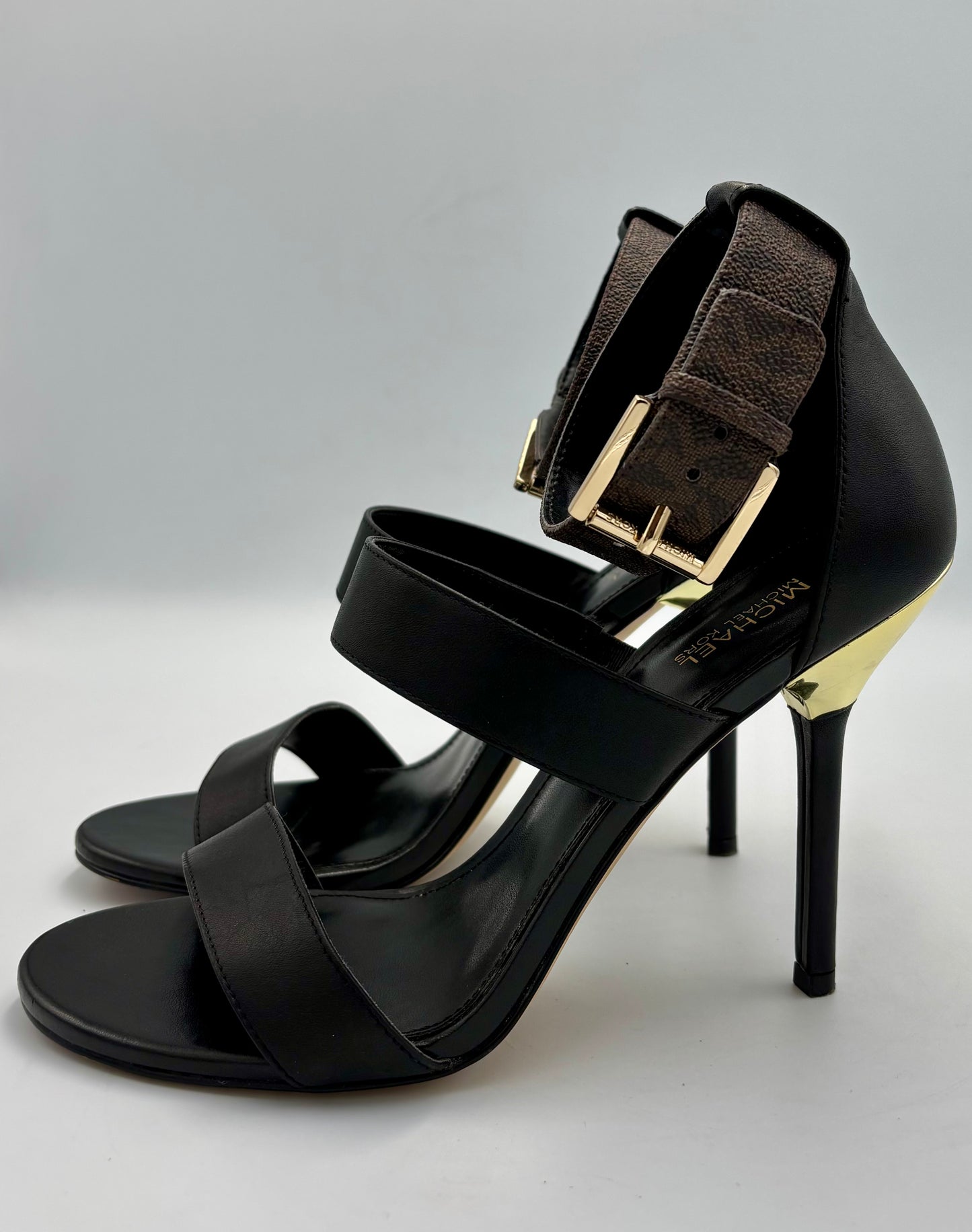 Michael Kors Amal Sandals | Size 7 Heels | Black Leather Stilettos | MK Logo Ankle Strap | Gold Heel Dress Shoes | Party Heels