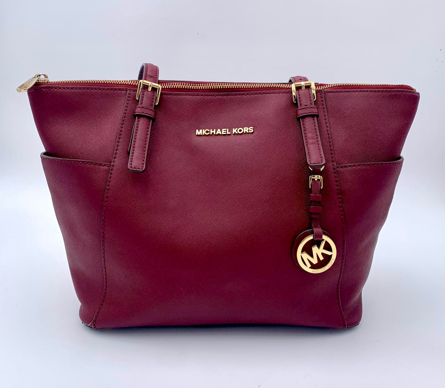 Authenticated Michael Kors Women's Leather Burgundy Large Tote Shoulder Bag