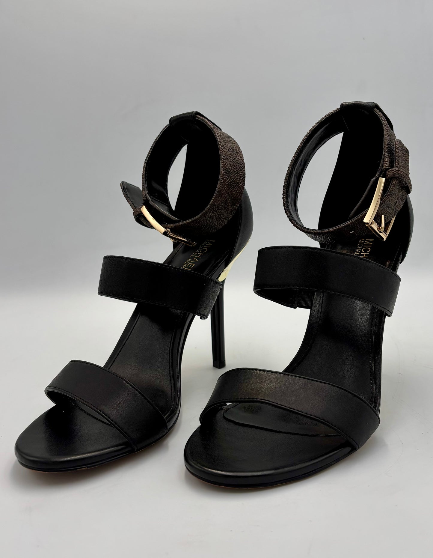 Michael Kors Amal Sandals | Size 7 Heels | Black Leather Stilettos | MK Logo Ankle Strap | Gold Heel Dress Shoes | Party Heels