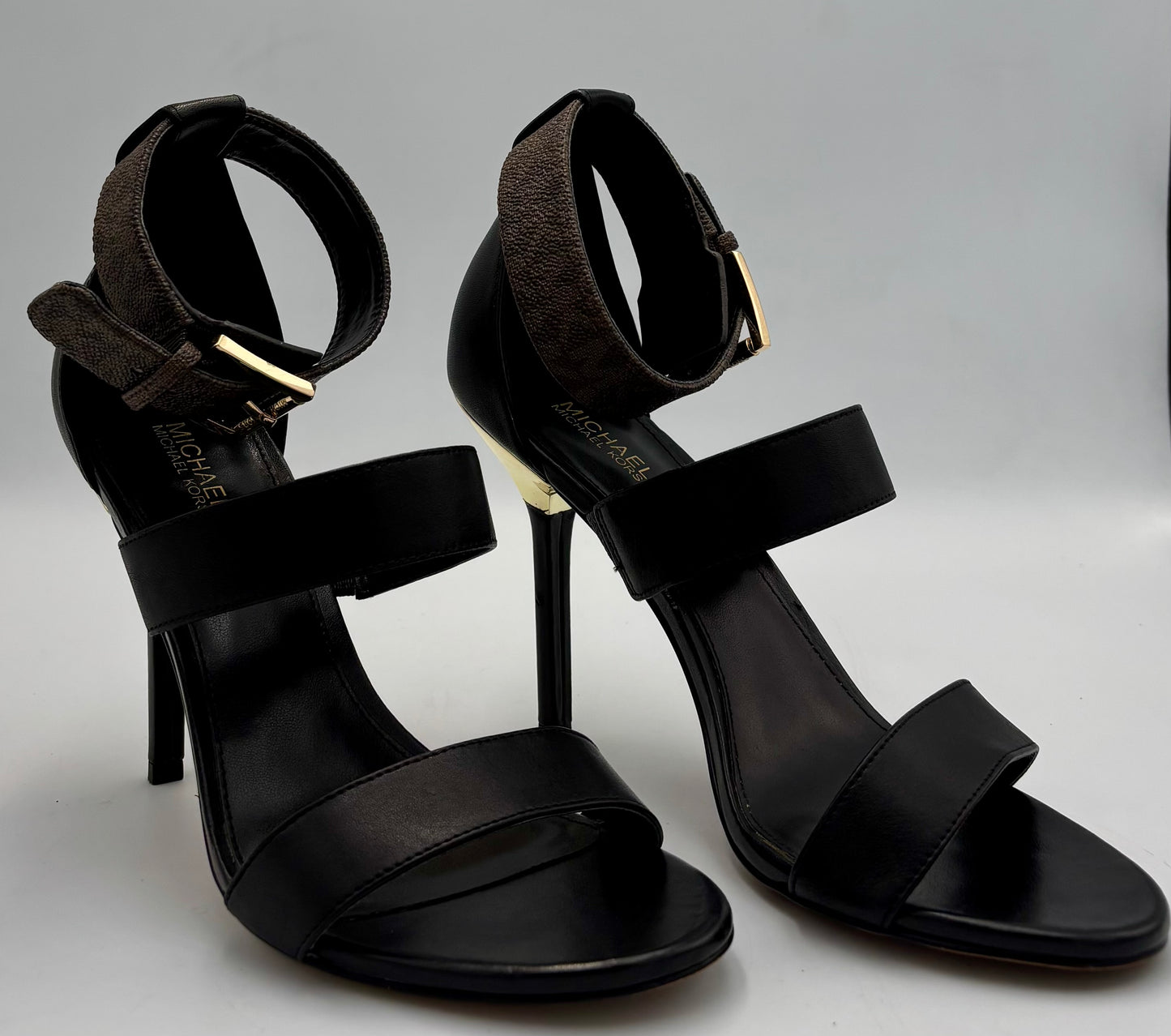 Michael Kors Amal Sandals | Size 7 Heels | Black Leather Stilettos | MK Logo Ankle Strap | Gold Heel Dress Shoes | Party Heels