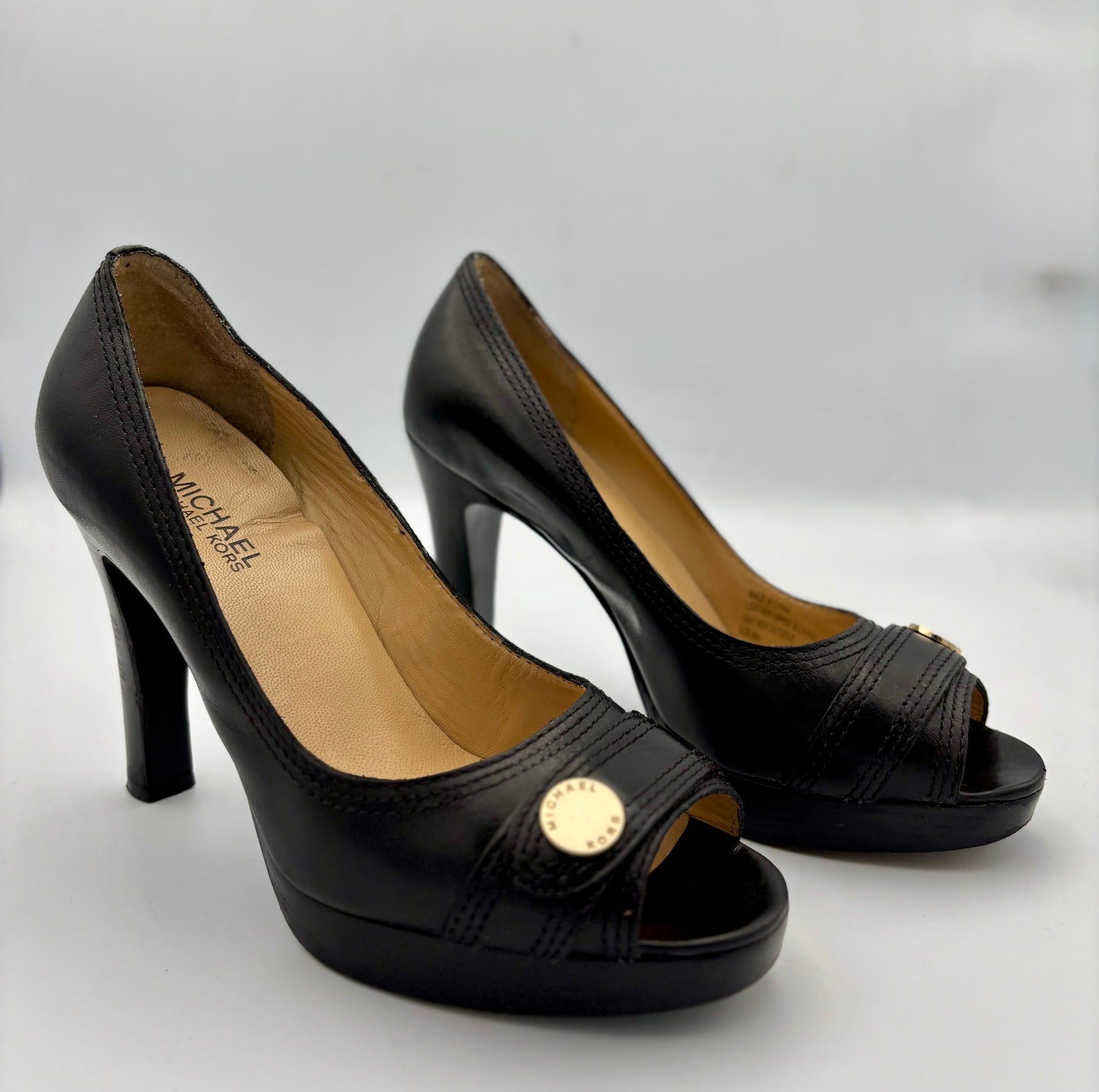 Michael Kors Classic Black Leather Open Toe Pump Heel Shoes Size 8 - Angelica’s Thrifts