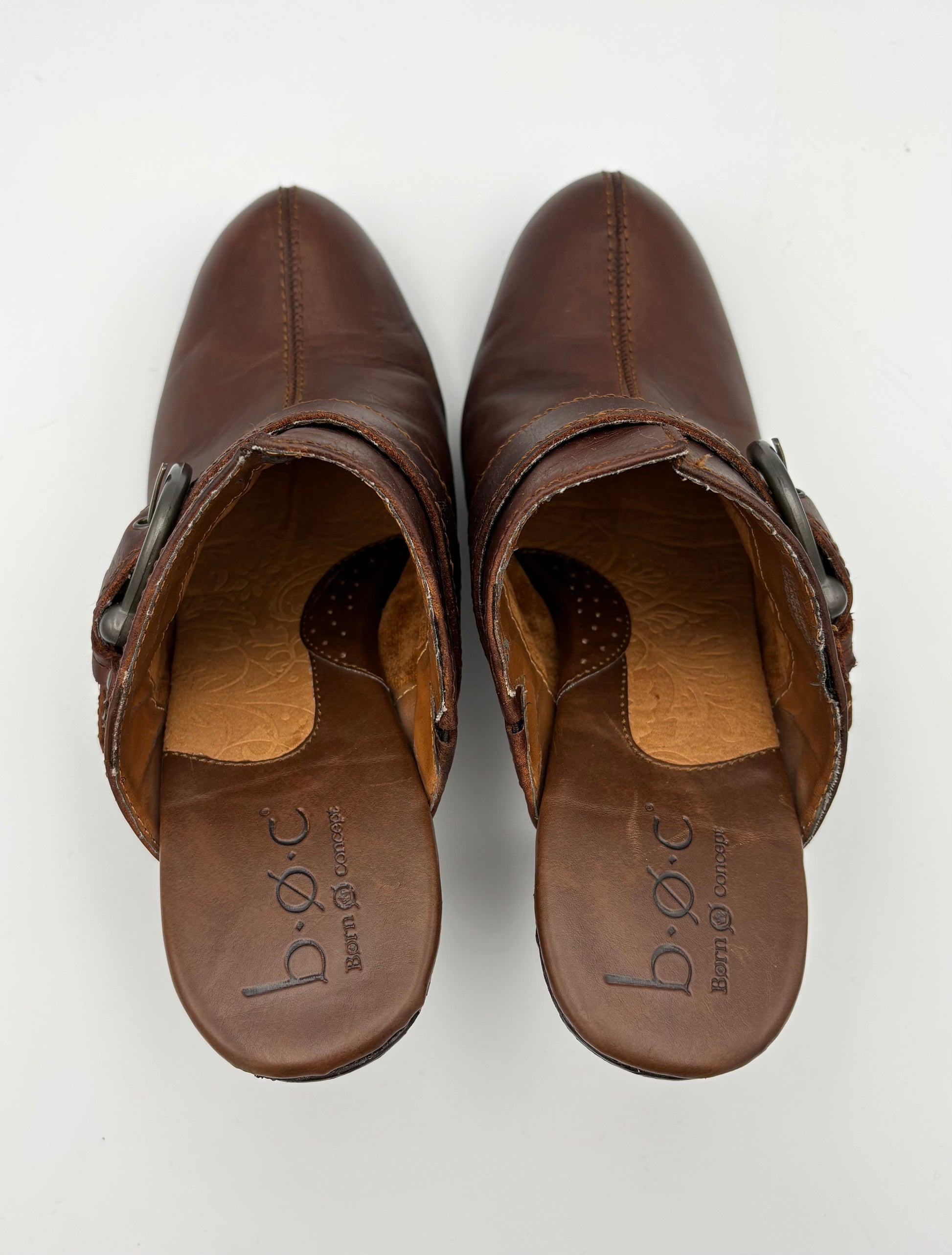 Leather Brown BOC Born Women’s Boots Clogs With Buckle Strap & Heel - Angelica’s Thrifts