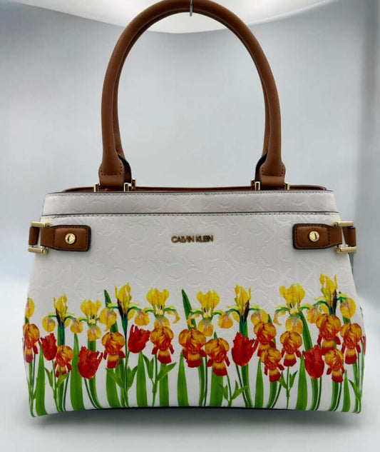 Calvin Klein large white floral tote shoulder bag with colorful flower design, dimensions 13" x 8" x 6", new without tags.