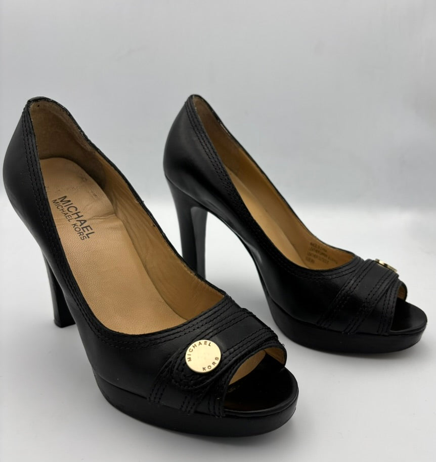 Michael Kors Classic Black Leather Open Toe Pump Heel Shoes Size 8 - Angelica’s Thrifts
