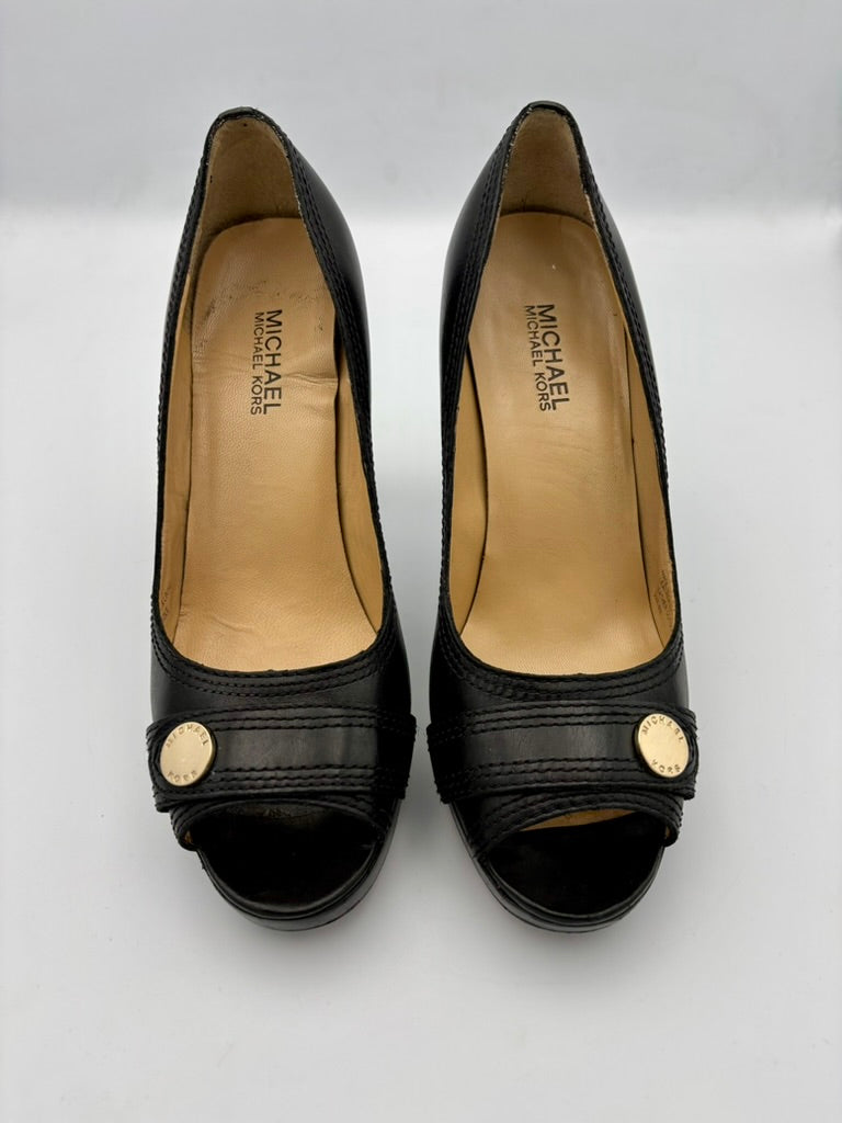 Michael Kors Classic Black Leather Open Toe Pump Heel Shoes Size 8 - Angelica’s Thrifts