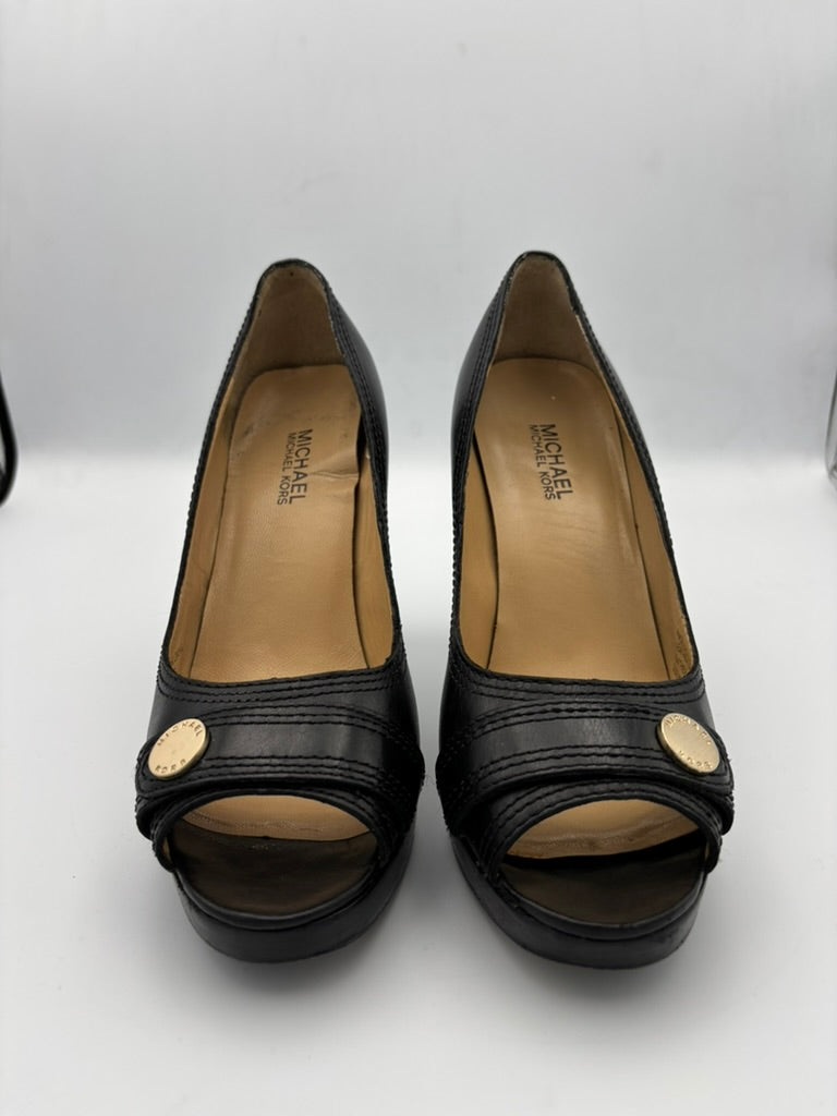 Michael Kors Classic Black Leather Open Toe Pump Heel Shoes Size 8 - Angelica’s Thrifts