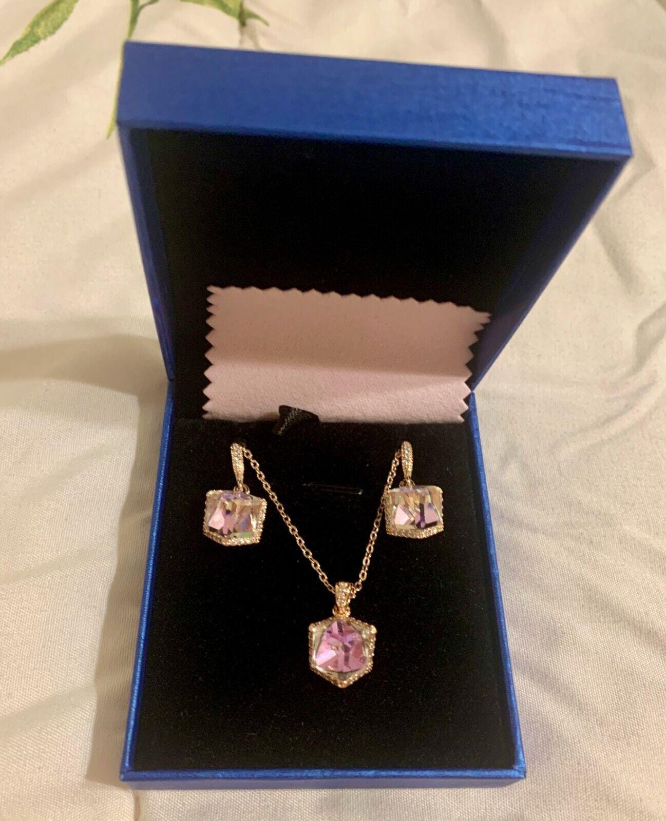 EVEVIC Austrian Crystal Pendant Necklace Earrings 14K Rose Gold Plated Set - Angelica’s Thrifts