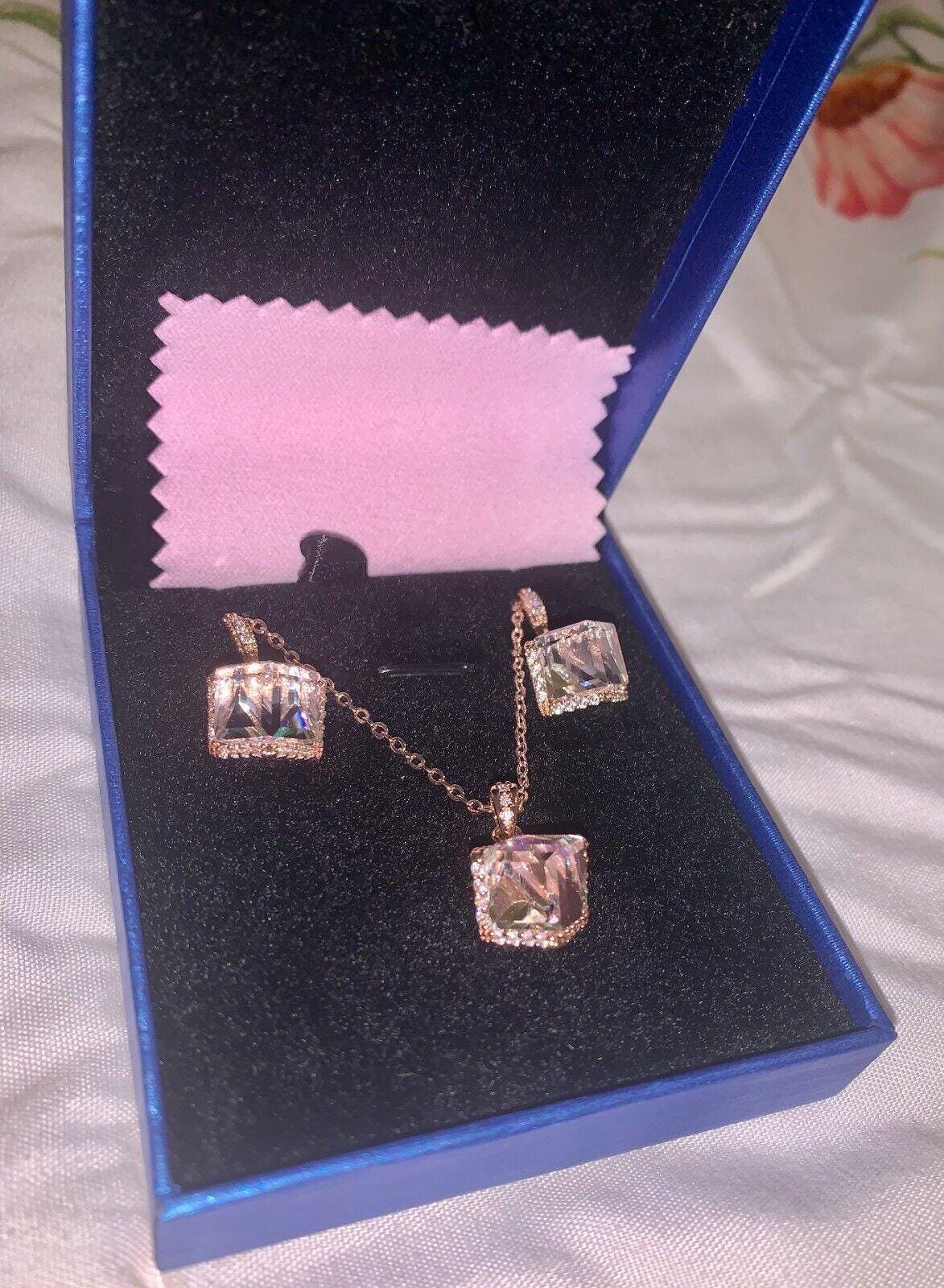 EVEVIC Austrian Crystal Pendant Necklace Earrings 14K Rose Gold Plated Set - Angelica’s Thrifts