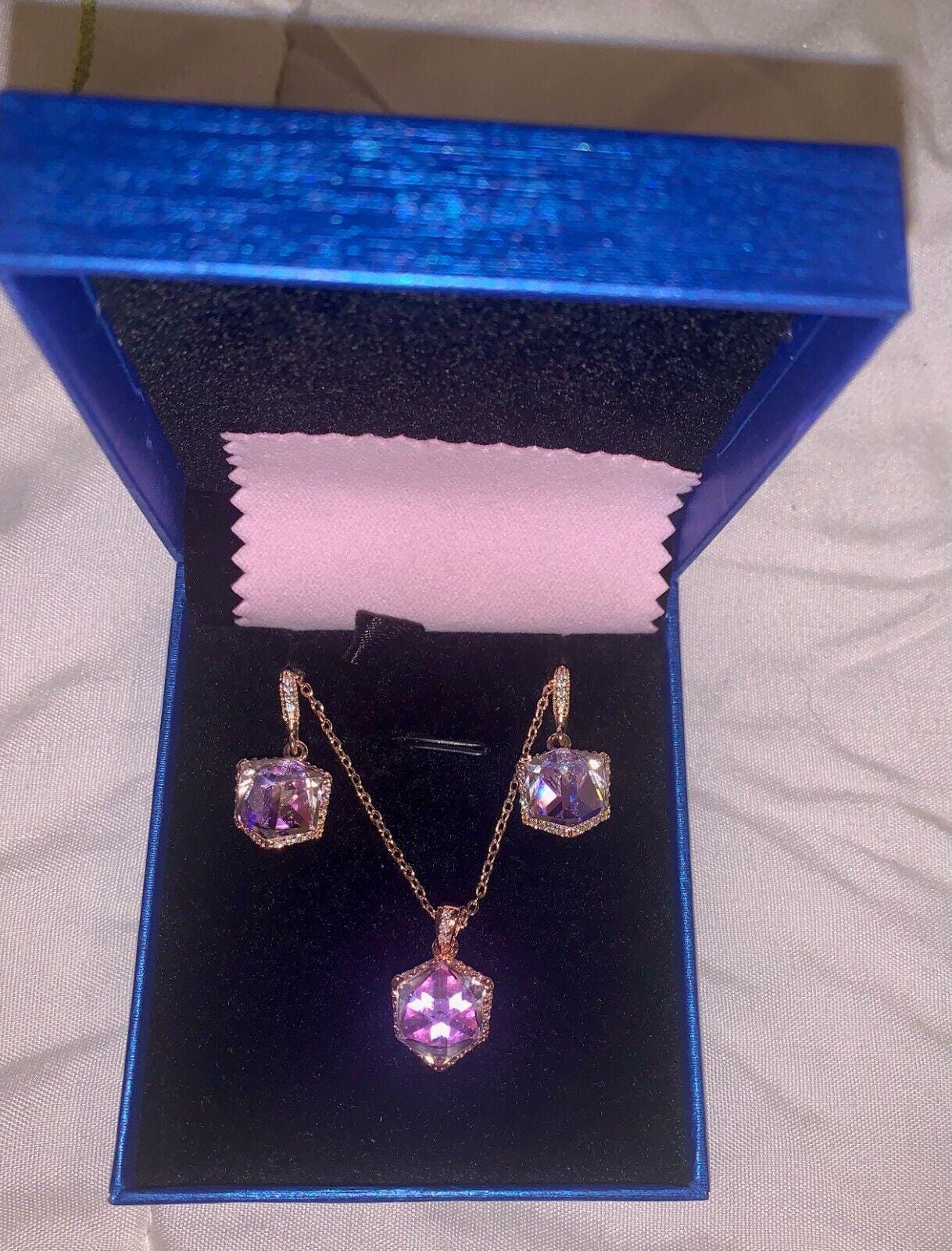 EVEVIC Austrian Crystal Pendant Necklace Earrings 14K Rose Gold Plated Set - Angelica’s Thrifts