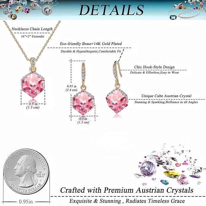 EVEVIC Austrian Crystal Pendant Necklace Earrings 14K Rose Gold Plated Set - Angelica’s Thrifts