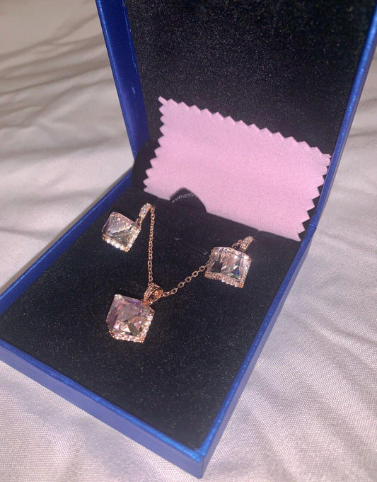 EVEVIC Austrian Crystal Pendant Necklace Earrings 14K Rose Gold Plated Set - Angelica’s Thrifts